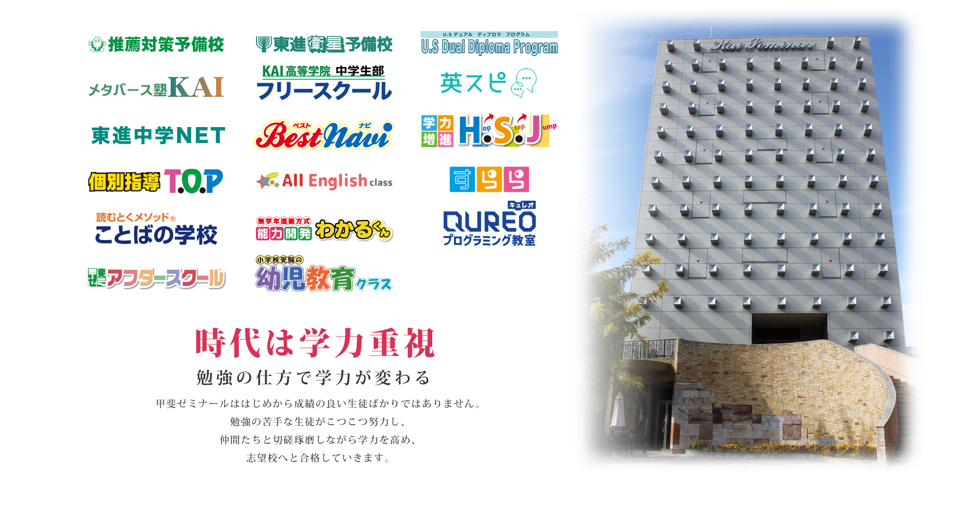 満足度は学力向上と実績 勉強の仕方で学力が変わる 甲斐ゼミナールははじめから成績の良い生徒ばかりではありません。勉強の苦手な生徒がこつこつ努力し、仲間たちと切磋琢磨しながら学力を高め、志望校へと合格していきます。