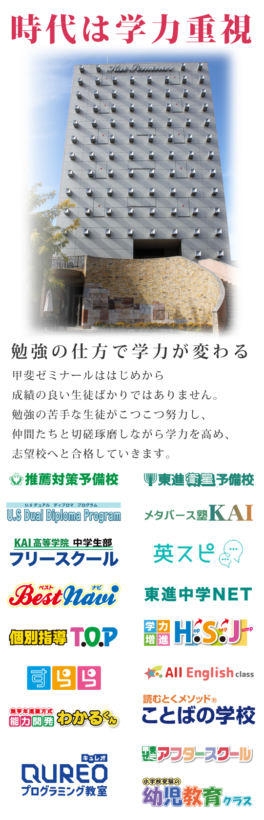 満足度は学力向上と実績 勉強の仕方で学力が変わる 甲斐ゼミナールははじめから成績の良い生徒ばかりではありません。勉強の苦手な生徒がこつこつ努力し、仲間たちと切磋琢磨しながら学力を高め、志望校へと合格していきます。