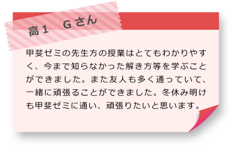 高1　Gさん 甲斐ゼミの先生方の授業はとてもわかりやすく、今まで知らなかった解き方等を学ぶことができました。また友人も多く通っていて、一緒に頑張ることができました。冬休み明けも甲斐ゼミに通い、頑張りたいと思います。