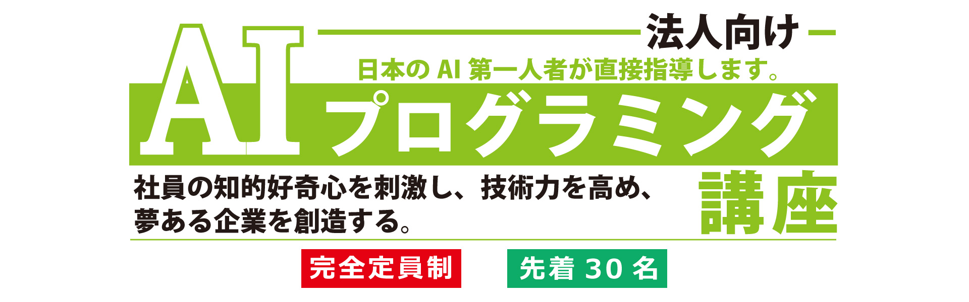 法人向け AIプログラミング講座 日本のAI第一人者が直接指導します。社員の知的好奇心を刺激し、技術力を高め、夢ある企業を創造する。完全定員制 先着30名