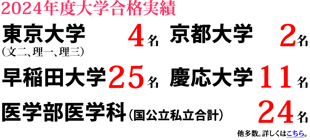 2024年度大学合格実績　東京大学(文二、理一、理三)4名合格　京都大学2名合格　早稲田大学25名合格　慶応大学11名合格　医学部医学科(国公立私立合計)24名合格　他多数　詳しくはこちら