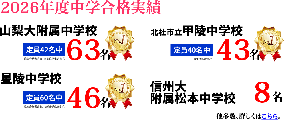 2026年度中学合格実績　山梨大附属中学校定員42名中63名合格(追加合格者含む。内部進学生含まず。)　No.1　北杜市立甲陵中学校定員40名中43名合格(追加合格者含む)　No.1　星陵中学校定員60名中47名合格(追加合格者含む。内部進学生含まず。)　No.1　信州大附属松本中学校9名合格　他多数 詳しくはこちら